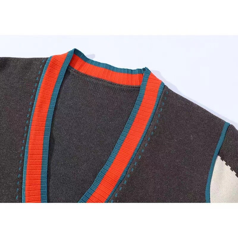 Brit stílusú férfi kardigán patchwork pulóver alkalmi V-nyakú felsők őszi divat kontraszt színű koreai kötött kabát férfi