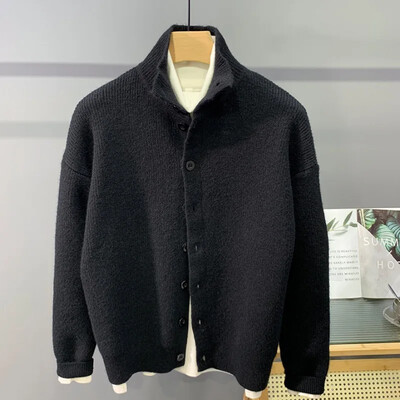 Hip-hop városi stílusú pulóver Kardigán koreai grunge kötött gombos férfi dzseki téli új fél garbós tömör kötött kabát