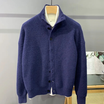 Hip-hop városi stílusú pulóver Kardigán koreai grunge kötött gombos férfi dzseki téli új fél garbós tömör kötött kabát