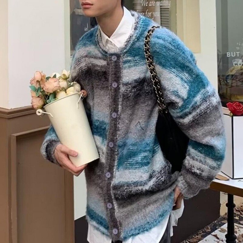 Cardigan cu dungi retro Versatil unisex Pulover tricotat cu dungi retro Cardigan largi cu decolteu în V pentru bărbați femei Dungă toamnă/iarnă