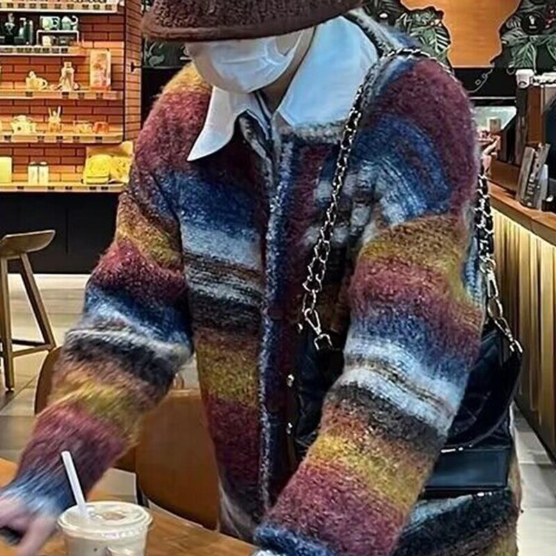 Cardigan cu dungi retro Versatil unisex Pulover tricotat cu dungi retro Cardigan largi cu decolteu în V pentru bărbați femei Dungă toamnă/iarnă