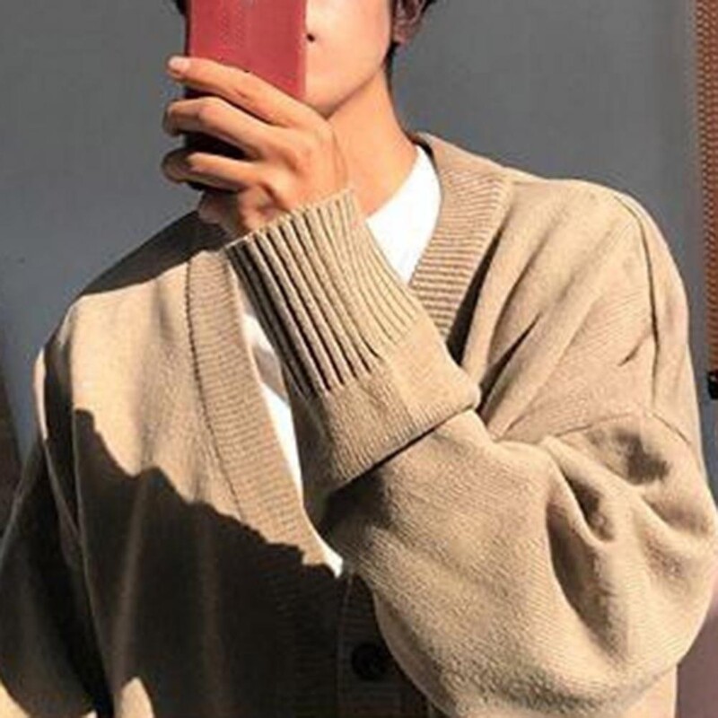 Férfi kardigán pulóver V-nyakú, bordás szegélyű, kötött kabát vastagított egyszínű gombok kötöttáru Férfi ruha mindennapi viselethez