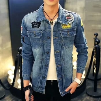 Ανδρικό Jean Jacket Blue Personality Label Τζιν μπουφάν την άνοιξη και το φθινόπωρο Κορεάτικη έκδοση του The Slim Retro Jacket Streetwear