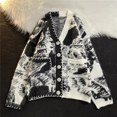 Мъжки дрехи Черни Y2k Vintage Tie Dye Плетени пуловери за мъже Жилетка с V-образно деколте Естетичен с джобове Maletry A Winter 2024 Fun