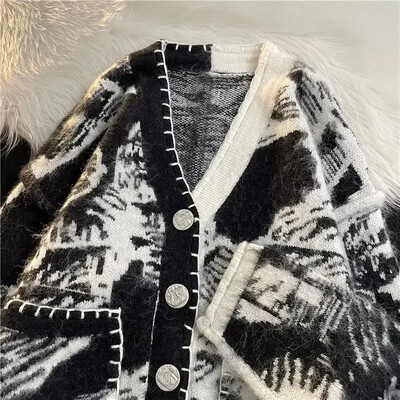 Vyriški drabužiai juodi Y2k Vintage Tie Dye megzti megztiniai vyrams Megztiniai V kaklo estetiniai su kišenėmis Maletry 2024 m. žiemos pramogos