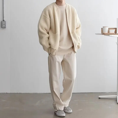 2024-es őszi és téli kötött kardigán kabát, koreai stílus, tiszta színű férfi, kerek nyakú pulóver, laza és hétköznapi stílus