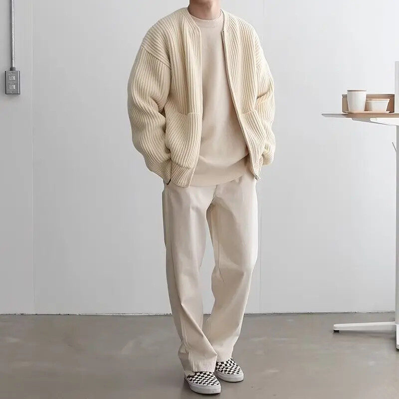 2024-es őszi és téli kötött kardigán kabát, koreai stílus, tiszta színű férfi, kerek nyakú pulóver, laza és hétköznapi stílus