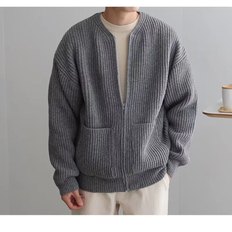 2024-es őszi és téli kötött kardigán kabát, koreai stílus, tiszta színű férfi, kerek nyakú pulóver, laza és hétköznapi stílus