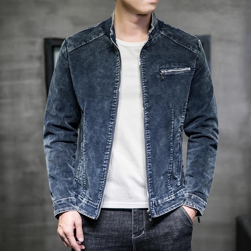 Rudeninė džinsinė striukė Vyriška Vintažinė laisvalaikio medvilninė apykaklė Džinsiniai viršutiniai drabužiai Vyriški ploni gatvės drabužiai Džinsiniai paltai Motociklai Viršūnės su užtrauktuku