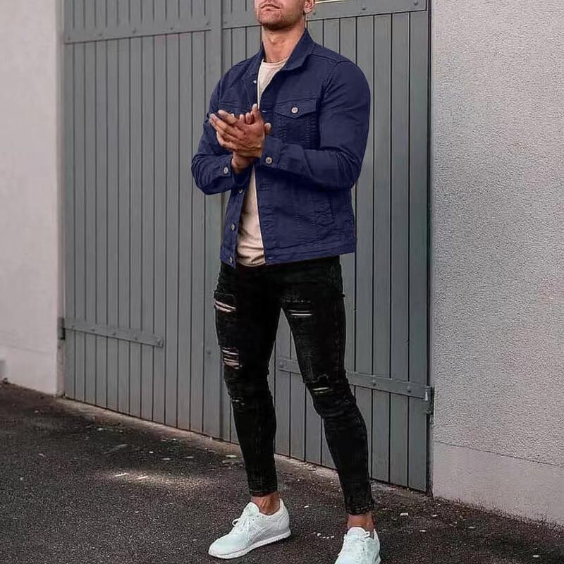 Férfi tavaszi és őszi alkalmi karcsúsított farmerdzseki több zsebbel és gombbal, munkaruha kabát