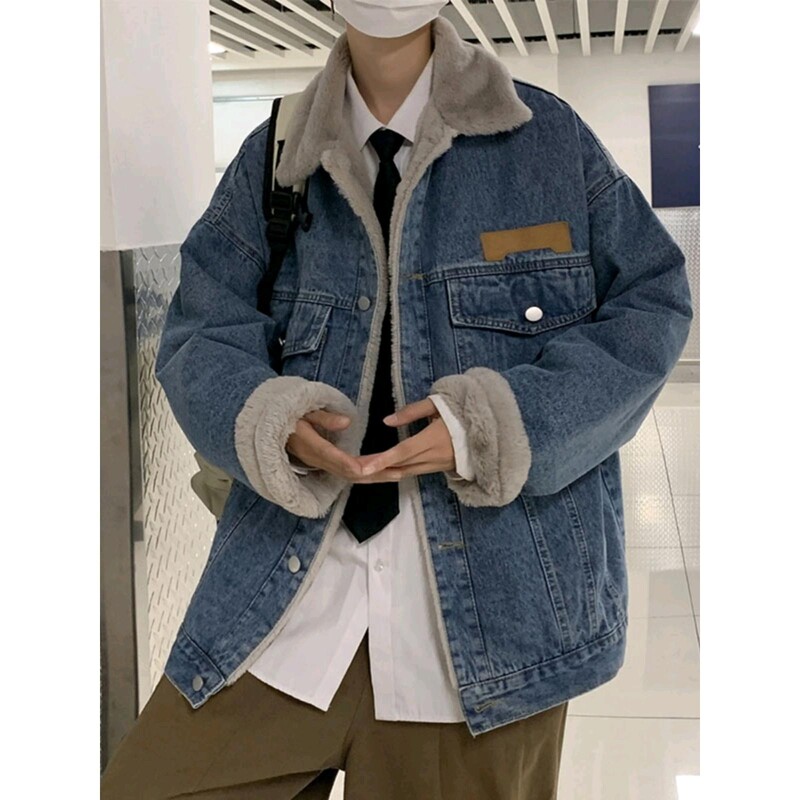 Japán vintage laza vastagodó meleg farmer dzseki, férfi őszi és téli új báránybársony alkalmi hajtókás farmer dzseki