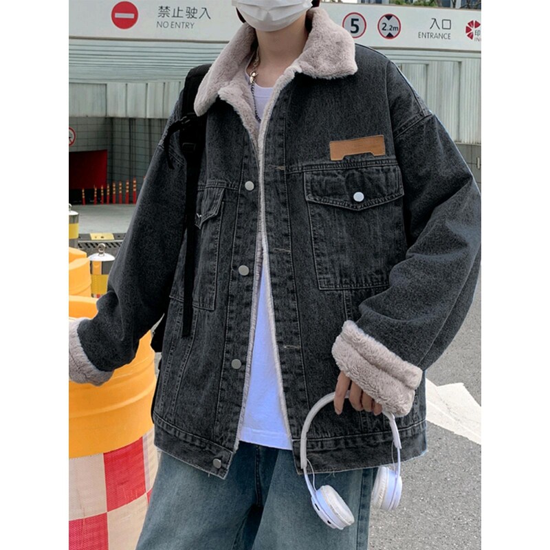 Japán vintage laza vastagodó meleg farmer dzseki, férfi őszi és téli új báránybársony alkalmi hajtókás farmer dzseki