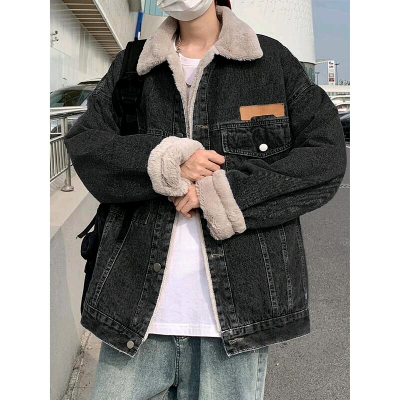 Japán vintage laza vastagodó meleg farmer dzseki, férfi őszi és téli új báránybársony alkalmi hajtókás farmer dzseki