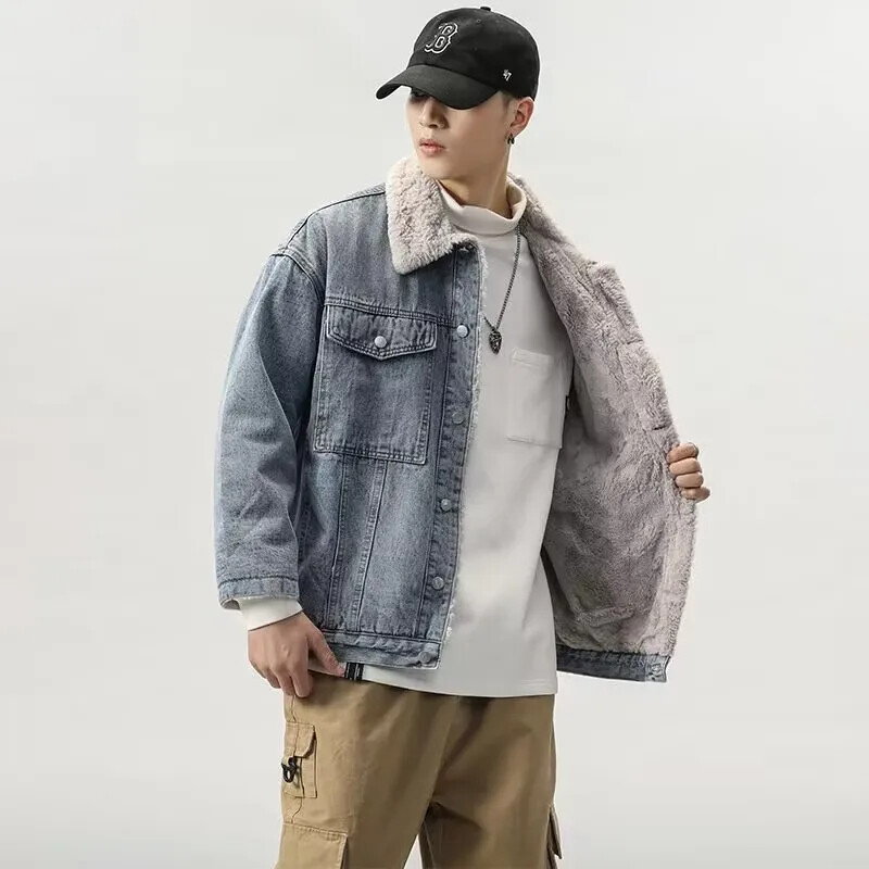 Biezināta flīsa odere Džinsa jaka Kokvilnas mētelis vīriešiem Rudens ziema Daudzpusīgs darba apģērbs Pārim Brīvi Fit Jēra vilnas vates polsterējums