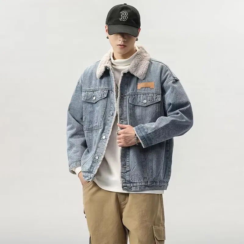 Biezināta flīsa odere Džinsa jaka Kokvilnas mētelis vīriešiem Rudens ziema Daudzpusīgs darba apģērbs Pārim Brīvi Fit Jēra vilnas vates polsterējums
