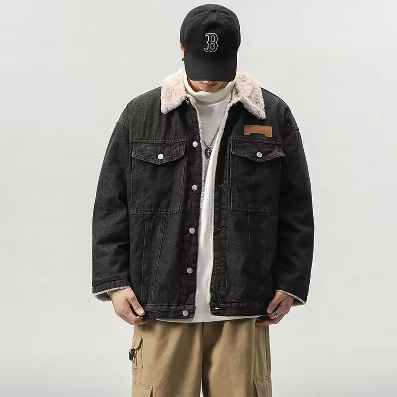 Biezināta flīsa odere Džinsa jaka Kokvilnas mētelis vīriešiem Rudens ziema Daudzpusīgs darba apģērbs Pārim Brīvi Fit Jēra vilnas vates polsterējums