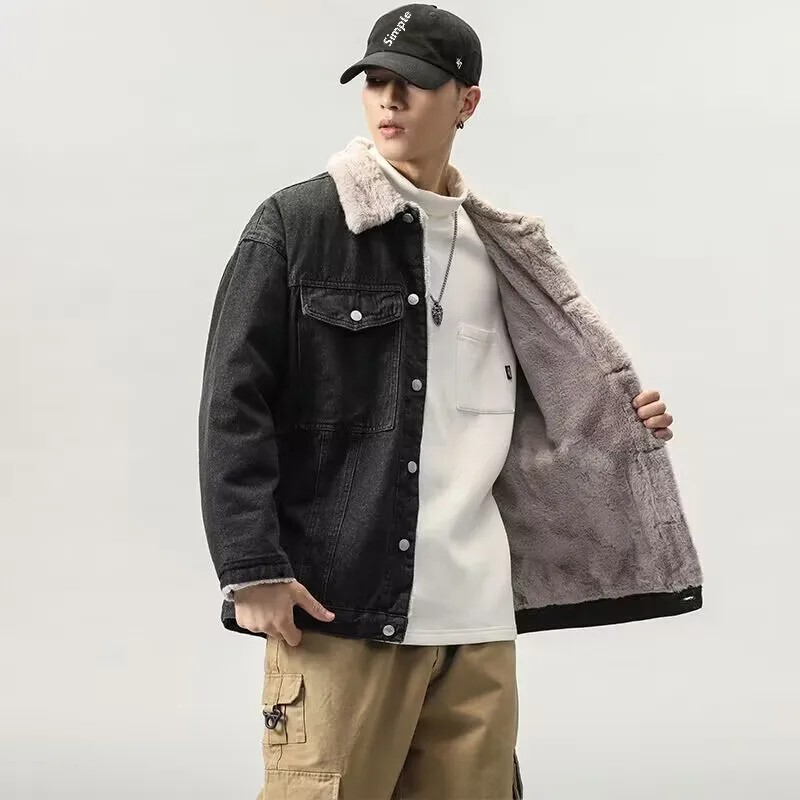 Biezināta flīsa odere Džinsa jaka Kokvilnas mētelis vīriešiem Rudens ziema Daudzpusīgs darba apģērbs Pārim Brīvi Fit Jēra vilnas vates polsterējums