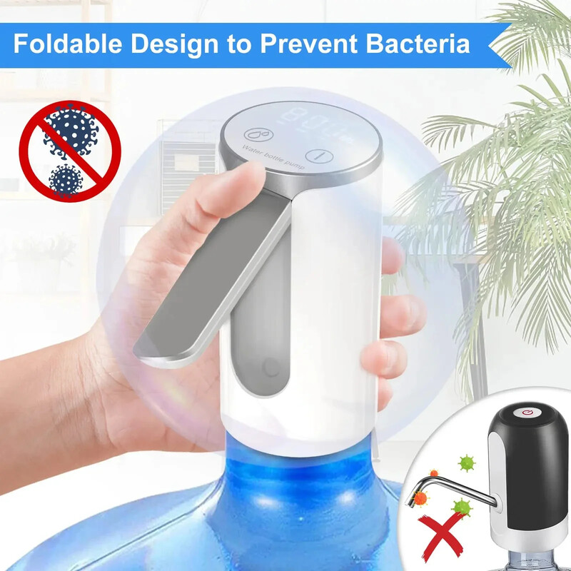 Jauns bezvadu elektrisks ūdens pudeles sūknis, uzlādējams ūdens mucas mazs sūkšanas sūknis ar LED displeju 3 kvantitatīvie iestatījumi
