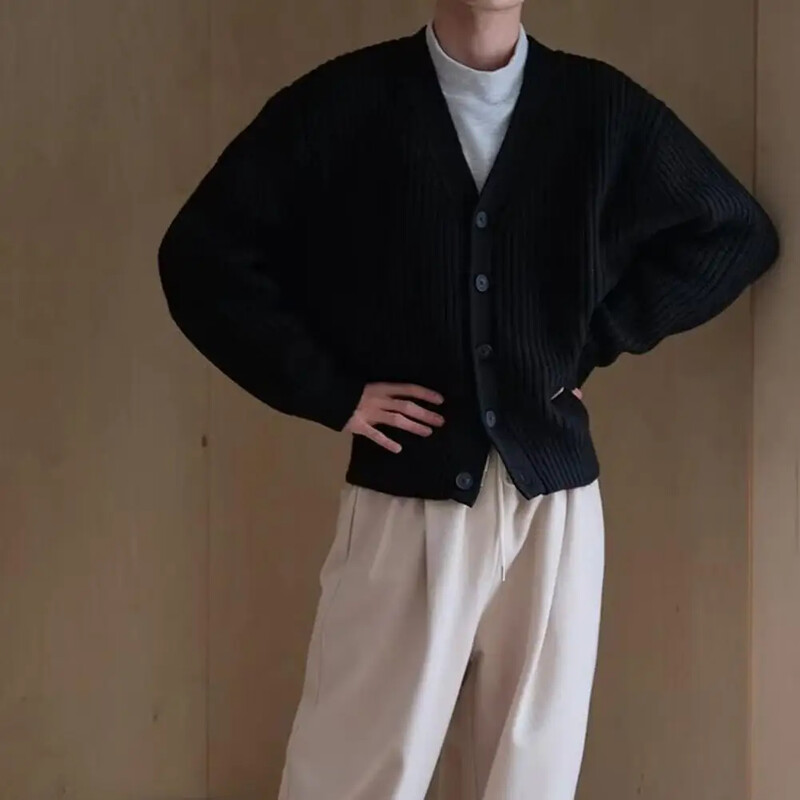 Téli ősz férfi kardigán pulóver vastag egysoros V nyakú gombokkal kötött pulóver kabát egyszínű elasztikus alkalmi pulóver