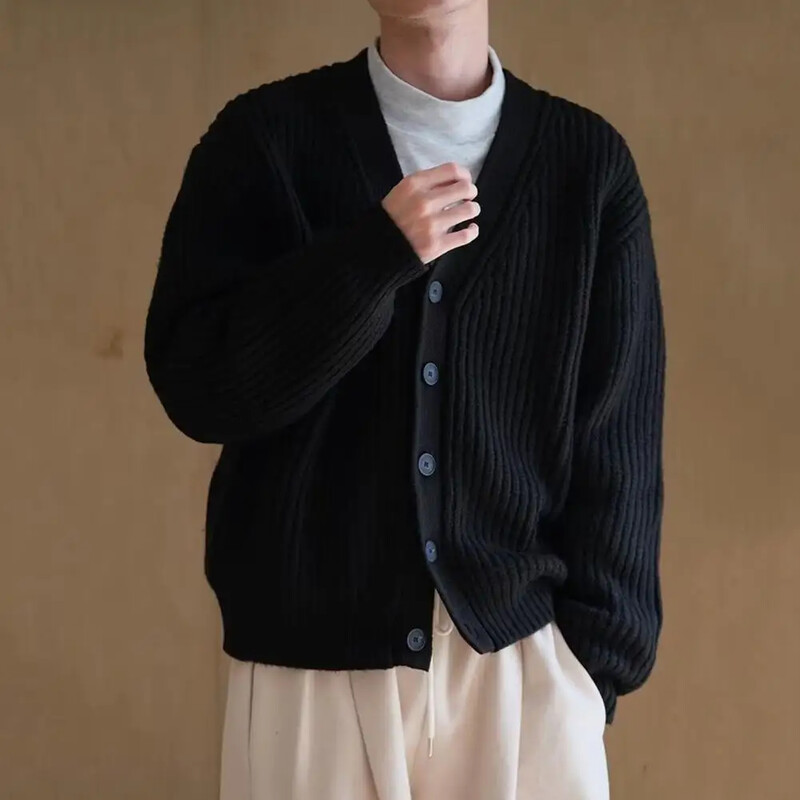 Téli ősz férfi kardigán pulóver vastag egysoros V nyakú gombokkal kötött pulóver kabát egyszínű elasztikus alkalmi pulóver