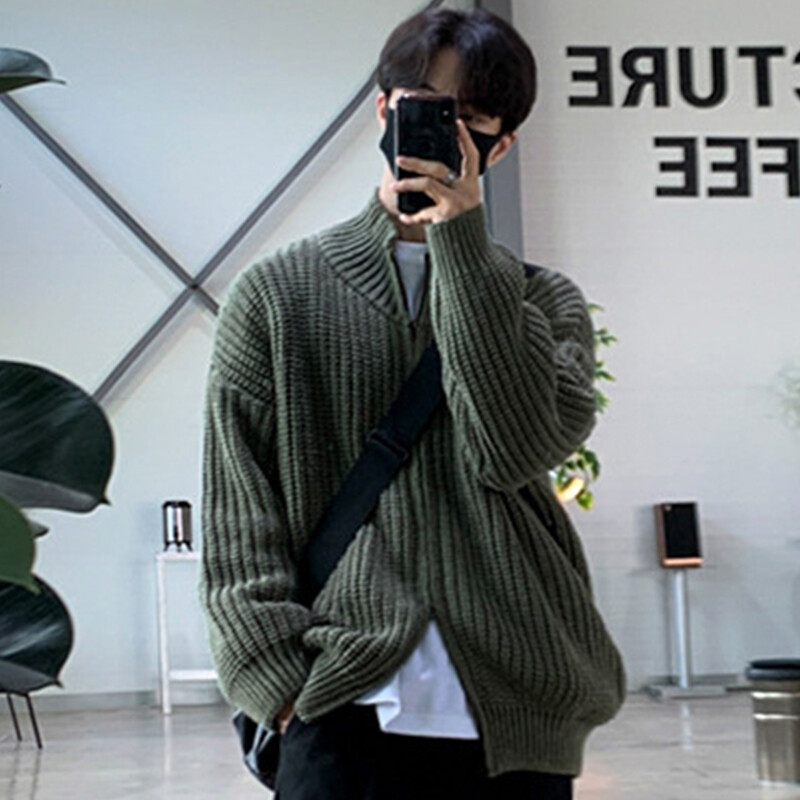 Őszi férfi alkalmi kötött kardigán pulóver textúra luxus hosszú ujjú egyszínű állvány gallér csíkos cipzáras kabát kötöttáru