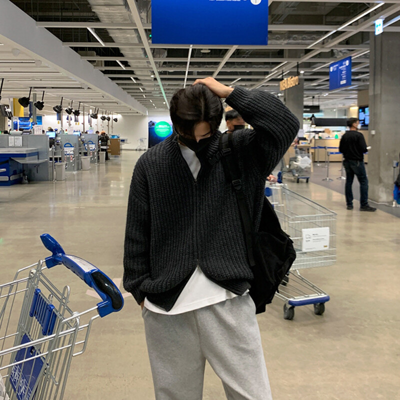 Őszi férfi alkalmi kötött kardigán pulóver textúra luxus hosszú ujjú egyszínű állvány gallér csíkos cipzáras kabát kötöttáru