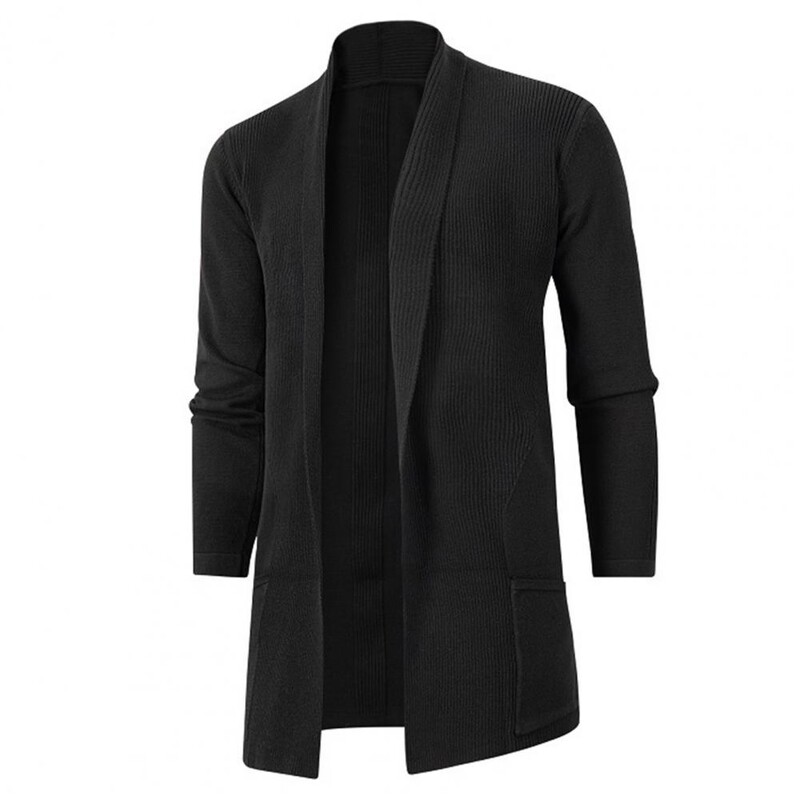 Férfi őszi egyszerű kardigán kabát hajtóka, hosszú ujjú, nyitott első zsebek középhosszú kötött felsőruházat