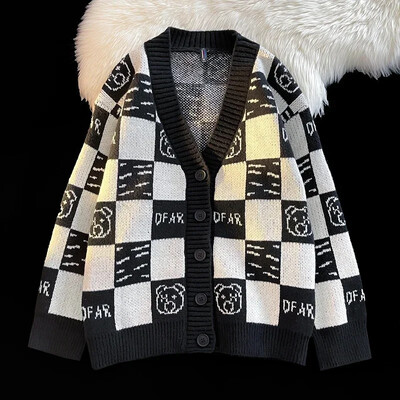 Meeste uus sügisene V-kaelusega kootud kardigan ruuduline kootud kampsun kampsun kampsun mantel Meeste mugav vaba vabaaja mantel Meeste