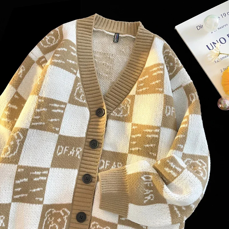 Meeste uus sügisene V-kaelusega kootud kardigan ruuduline kootud kampsun kampsun kampsun mantel Meeste mugav vaba vabaaja mantel Meeste