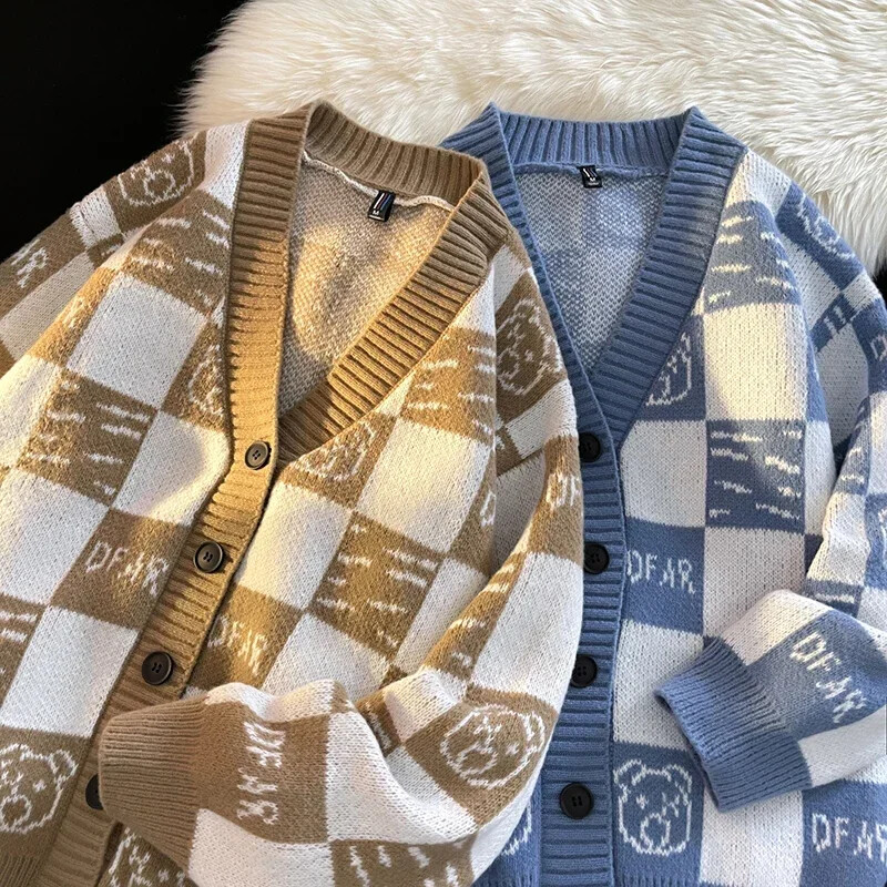 Meeste uus sügisene V-kaelusega kootud kardigan ruuduline kootud kampsun kampsun kampsun mantel Meeste mugav vaba vabaaja mantel Meeste