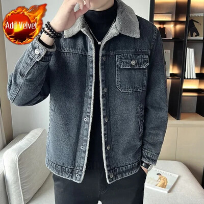 Jachetă de blugi pentru bărbați Căptușită căptușită Paltoane de jeans pentru bărbați Lână cu oaie Gri cald de țesătură G Imbracaminte de înaltă calitate Estetică Coreea Y2k
