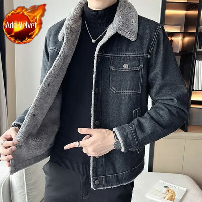 Jachetă de blugi pentru bărbați Căptușită căptușită Paltoane de jeans pentru bărbați Lână cu oaie Gri cald de țesătură G Imbracaminte de înaltă calitate Estetică Coreea Y2k