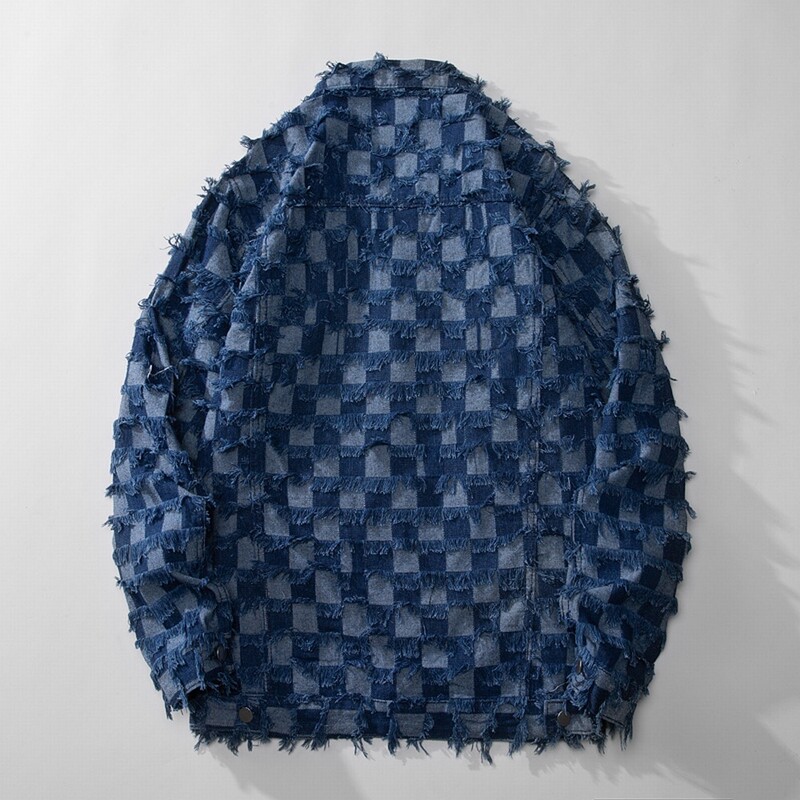 Tavaszi őszi retro kék kockás bojt farmer dzsekik mosópamut Jaqueta farmer Utcai ruházat Laza Chaquetas Hombre Masculina kabátok