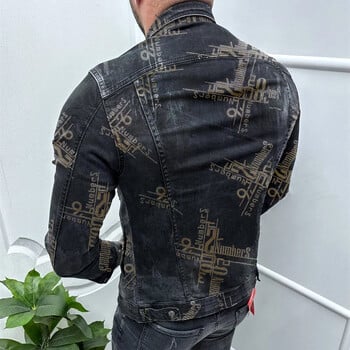 Модни дънкови якета с щампа на букви Мъжко улично облекло Vintage Slim Fit Jean Shirt яке Есен Ежедневни ревери Мъжки дънкови палта