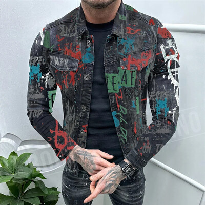 Divatos levélmintás farmer dzsekik Férfi utcai viselet Vintage Slim Fit Jean ing dzseki Őszi alkalmi hajtóka Férfi farmer kabátok
