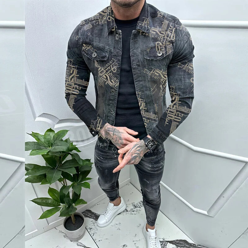 Divatos levélmintás farmer dzsekik Férfi utcai viselet Vintage Slim Fit Jean ing dzseki Őszi alkalmi hajtóka Férfi farmer kabátok