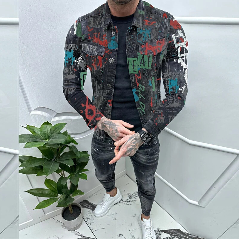 Divatos levélmintás farmer dzsekik Férfi utcai viselet Vintage Slim Fit Jean ing dzseki Őszi alkalmi hajtóka Férfi farmer kabátok