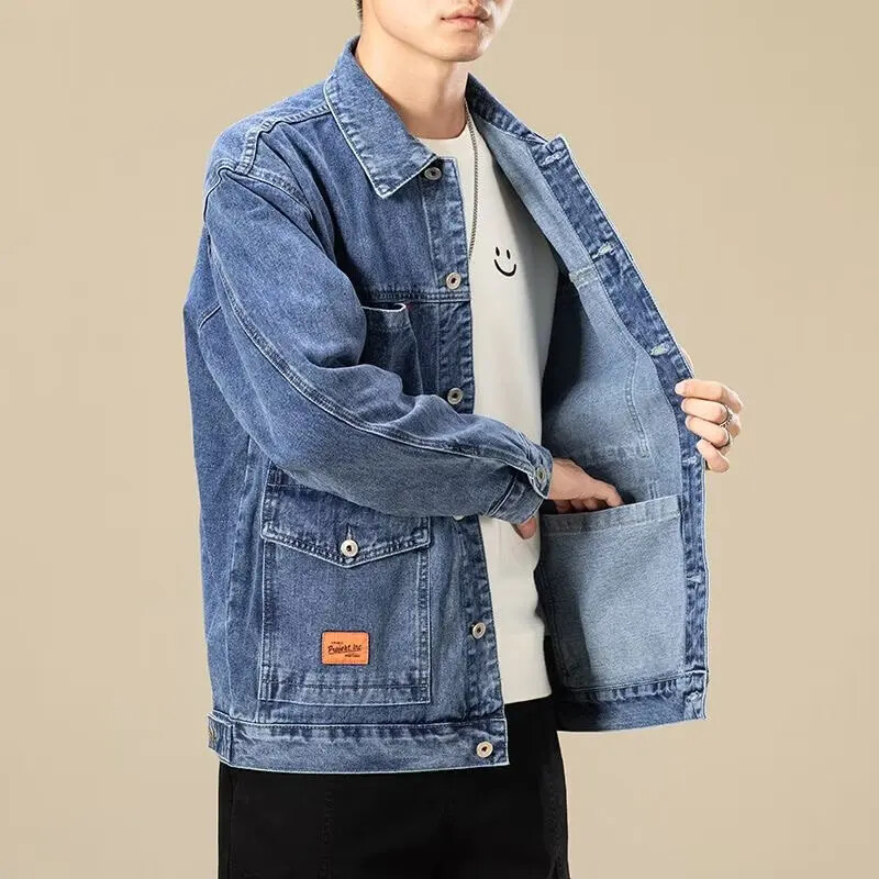 Pavasario rudens džinsinė striukė vyrams 2023 m. Naujo stiliaus japoniška madinga prekės ženklo laisvai priglundanti, kelios kišenės darbo drabužiai