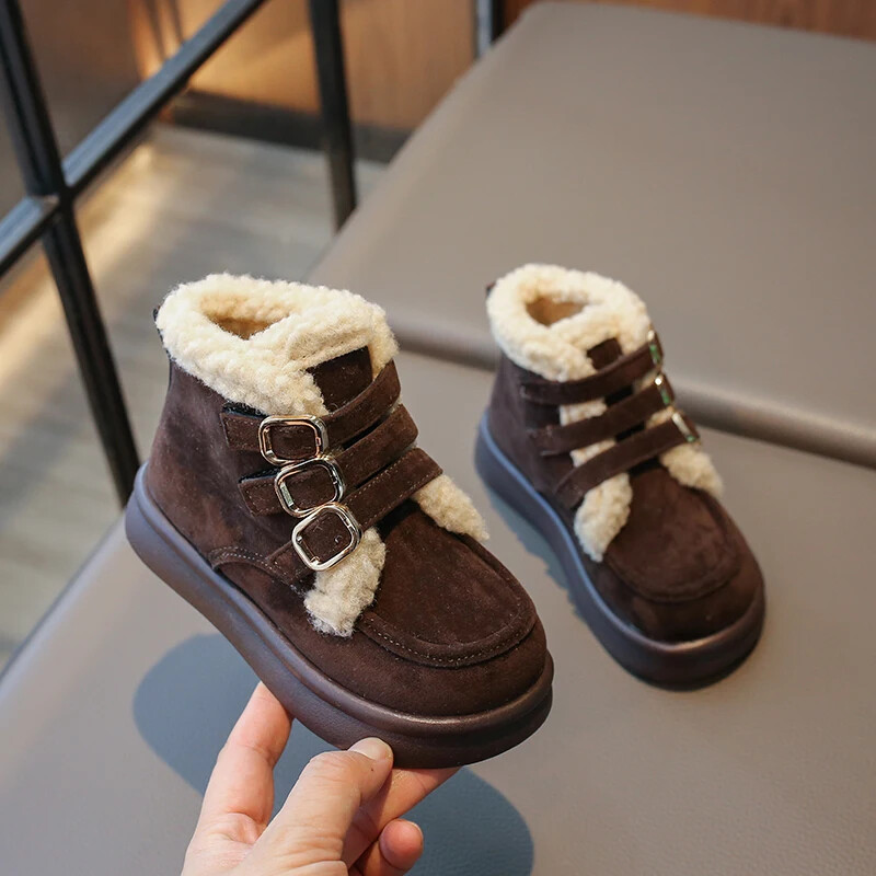 2024-es új lánycsizmák sokoldalú, puha, lélegző, csúszásmentes gyerekeknek divatos alkalmi hócsizmák horgos és hurkos csattal, egyszínű plüss