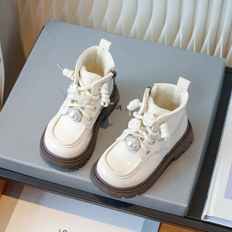 Botas Niña Kids divatos bokacsizmák téli meleg plusz pamut lánycsizmák gyöngy strasszos hercegnő Botas puha talpú gyerekcipők