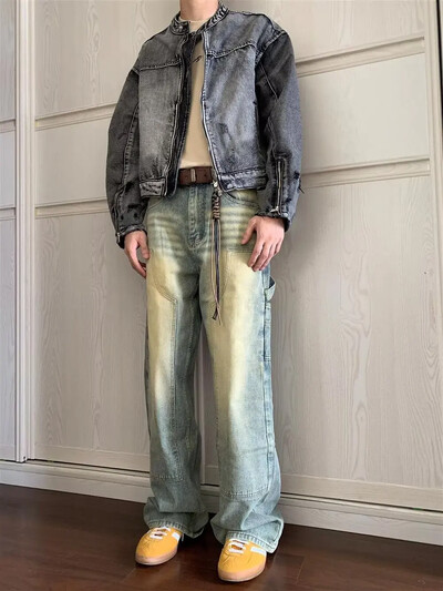 Džinsinė striukė Vyriška pavasario rudens aukščiausios klasės senovinis skalbimas, laisvo kirpimo laisvalaikio amerikietiško stiliaus striukė