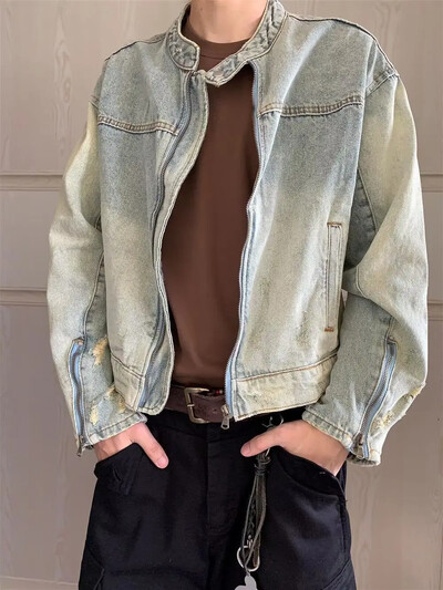 Džinsinė striukė Vyriška pavasario rudens aukščiausios klasės senovinis skalbimas, laisvo kirpimo laisvalaikio amerikietiško stiliaus striukė