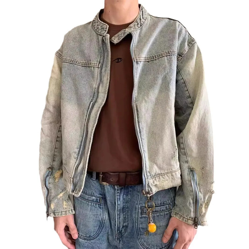 Džinsinė striukė Vyriška pavasario rudens aukščiausios klasės senovinis skalbimas, laisvo kirpimo laisvalaikio amerikietiško stiliaus striukė