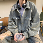 Farmer dzsekik Hip-hop Férfi utcai ruházat Szakadt lyuk Jean Férfi dzsekik Felsőruházat Farmer kabátok Turndown gallér Nagy kabát