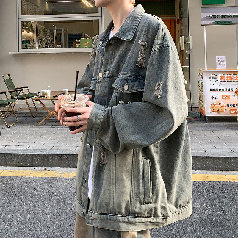 Farmer dzsekik Hip-hop Férfi utcai ruházat Szakadt lyuk Jean Férfi dzsekik Felsőruházat Farmer kabátok Turndown gallér Nagy kabát