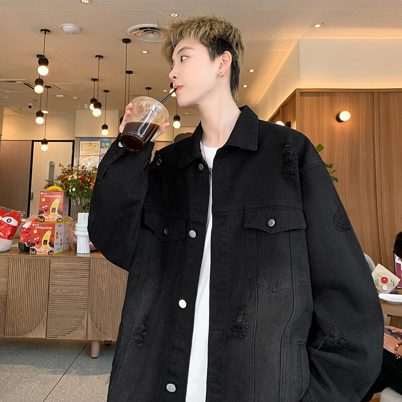 Farmer dzsekik Hip-hop Férfi utcai ruházat Szakadt lyuk Jean Férfi dzsekik Felsőruházat Farmer kabátok Turndown gallér Nagy kabát