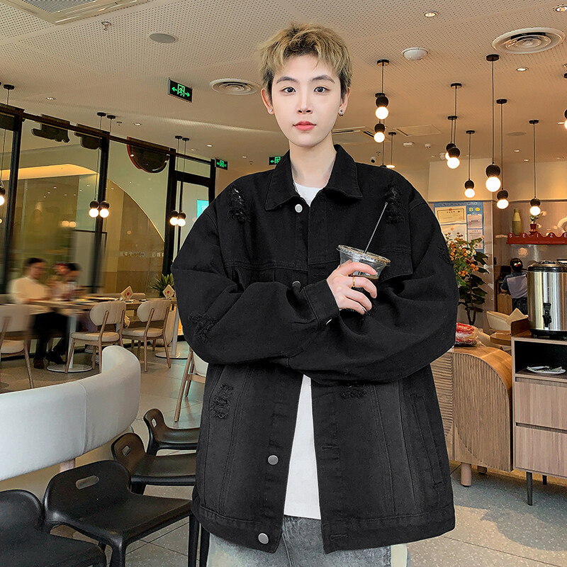 Farmer dzsekik Hip-hop Férfi utcai ruházat Szakadt lyuk Jean Férfi dzsekik Felsőruházat Farmer kabátok Turndown gallér Nagy kabát