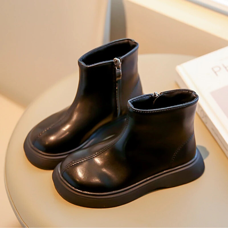 Rudens ziema bērnu zābaki Mode Vienkāršs stils Meiteņu potītes Cēlonis Daudzpusīgs Melns Bērnu Īsi Ādas Zābaki Sānu rāvējslēdzējs