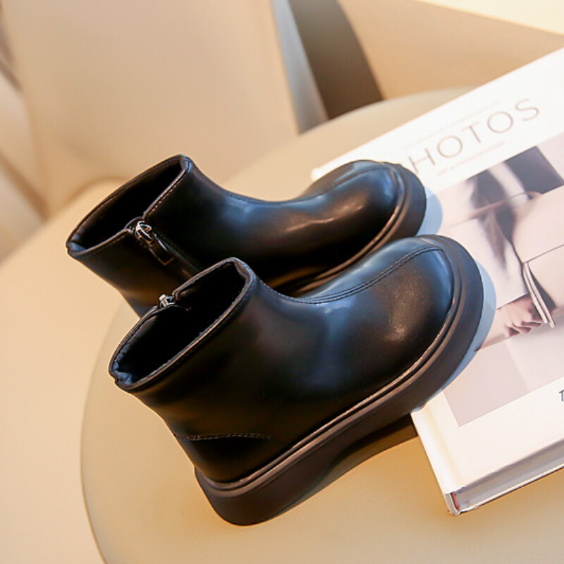 Rudens ziema bērnu zābaki Mode Vienkāršs stils Meiteņu potītes Cēlonis Daudzpusīgs Melns Bērnu Īsi Ādas Zābaki Sānu rāvējslēdzējs