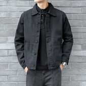 Vīriešu džinsa mēteļi, melni vintage vīriešu džinsa jaka japāņu pogas, ātra piegāde, zīmola korejiešu stila kovboju mode, valkāta jauna, G